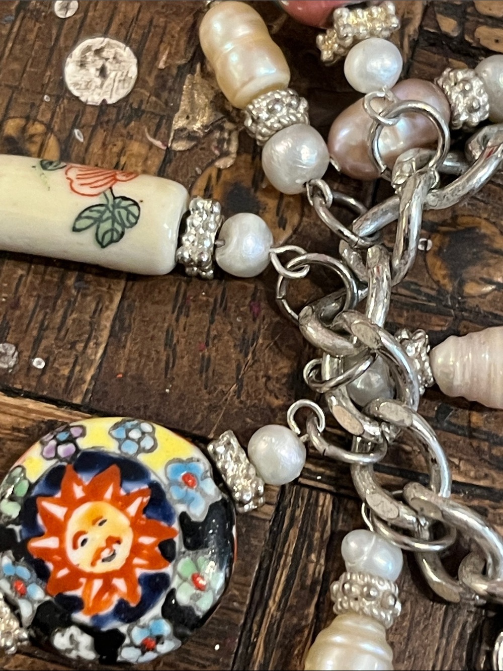 Artisan freshwater Pearl Charm Bracelet -cloisonné/enamel /milifori /charms - Picture 4 of 13